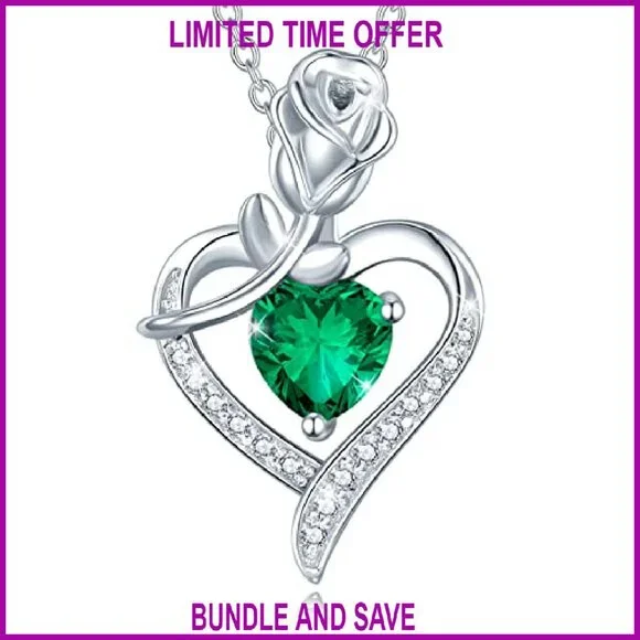 Sterling Silver Rose Heart Pendant Necklace with Gemstone Birthstone Gift